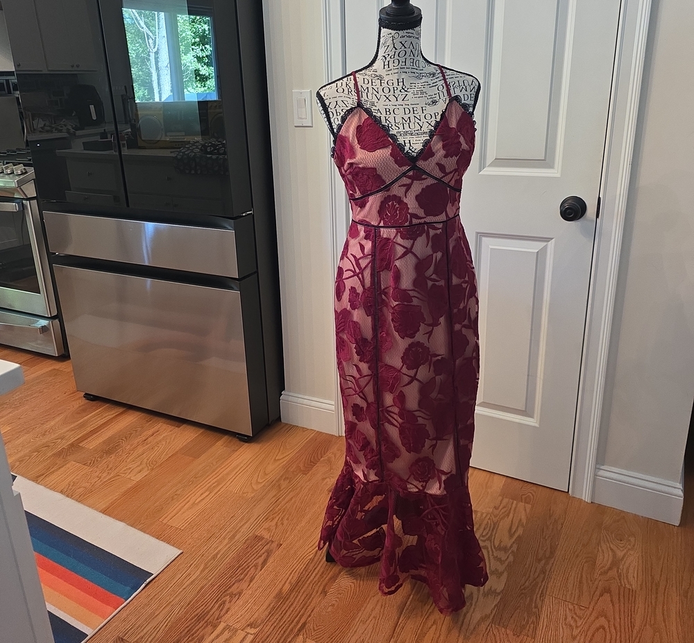 Lulu's Wine Floral Lace Maxi Dress with Sheer Overlay